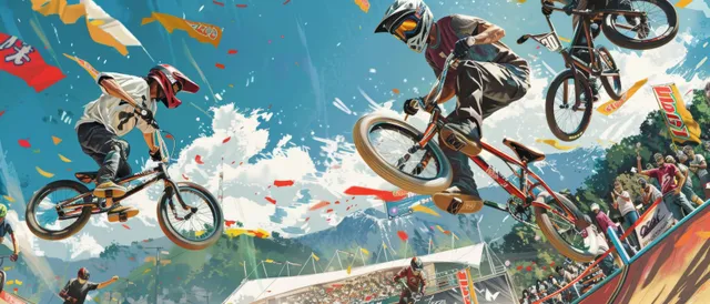 BMX riders flying over a ramp at a Japan freestyle finals event