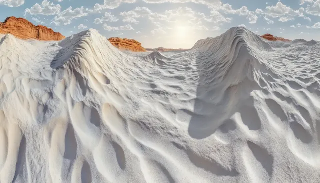 White sand dunes shaped like a foamy wave crest across a surreal desert landscape under cloudy light.