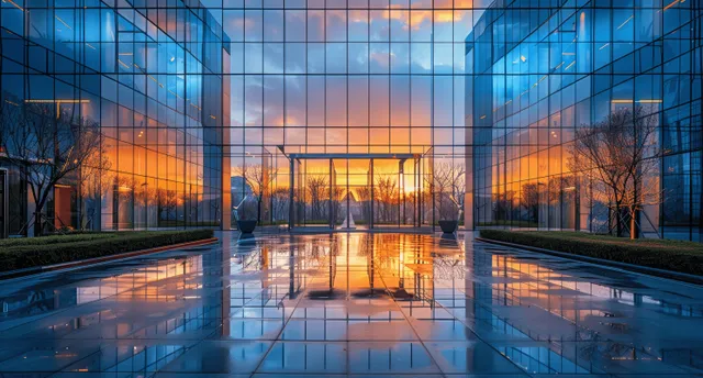 Sunset reflections on glass office facade with Beijing skyline in dusk corridor