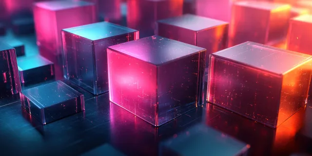 Neon glowing cubes in pink and blue light form a geometric background in a dark abstract scene.