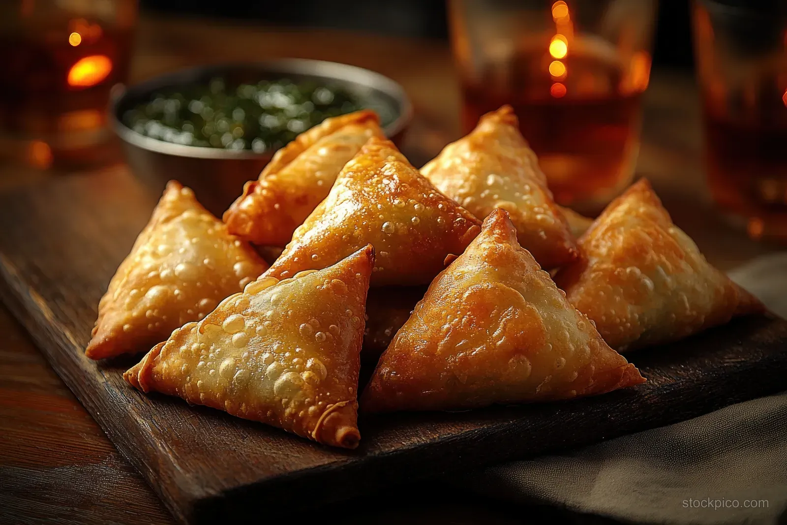 Golden-brown samosas on a dark wooden board with green chutney bowl in the softly lit background.