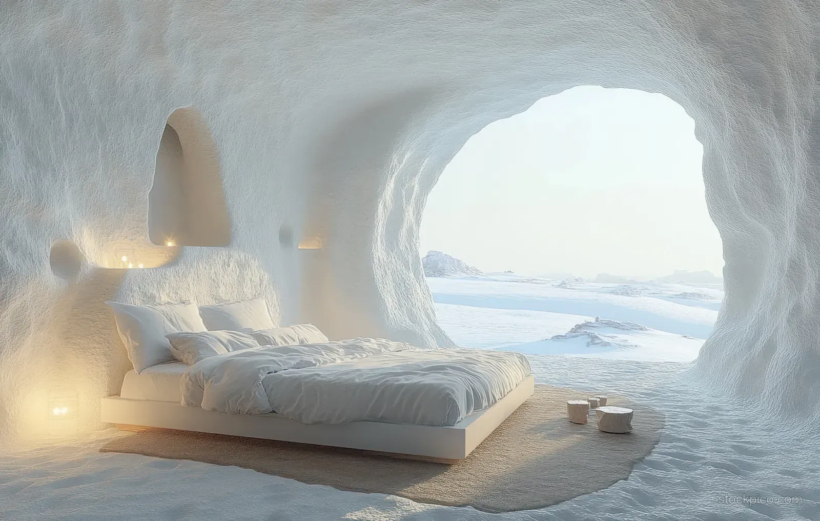 Cozy bed inside a snow cave with warm lighting and an arched view of bright snowy wilderness outside.
