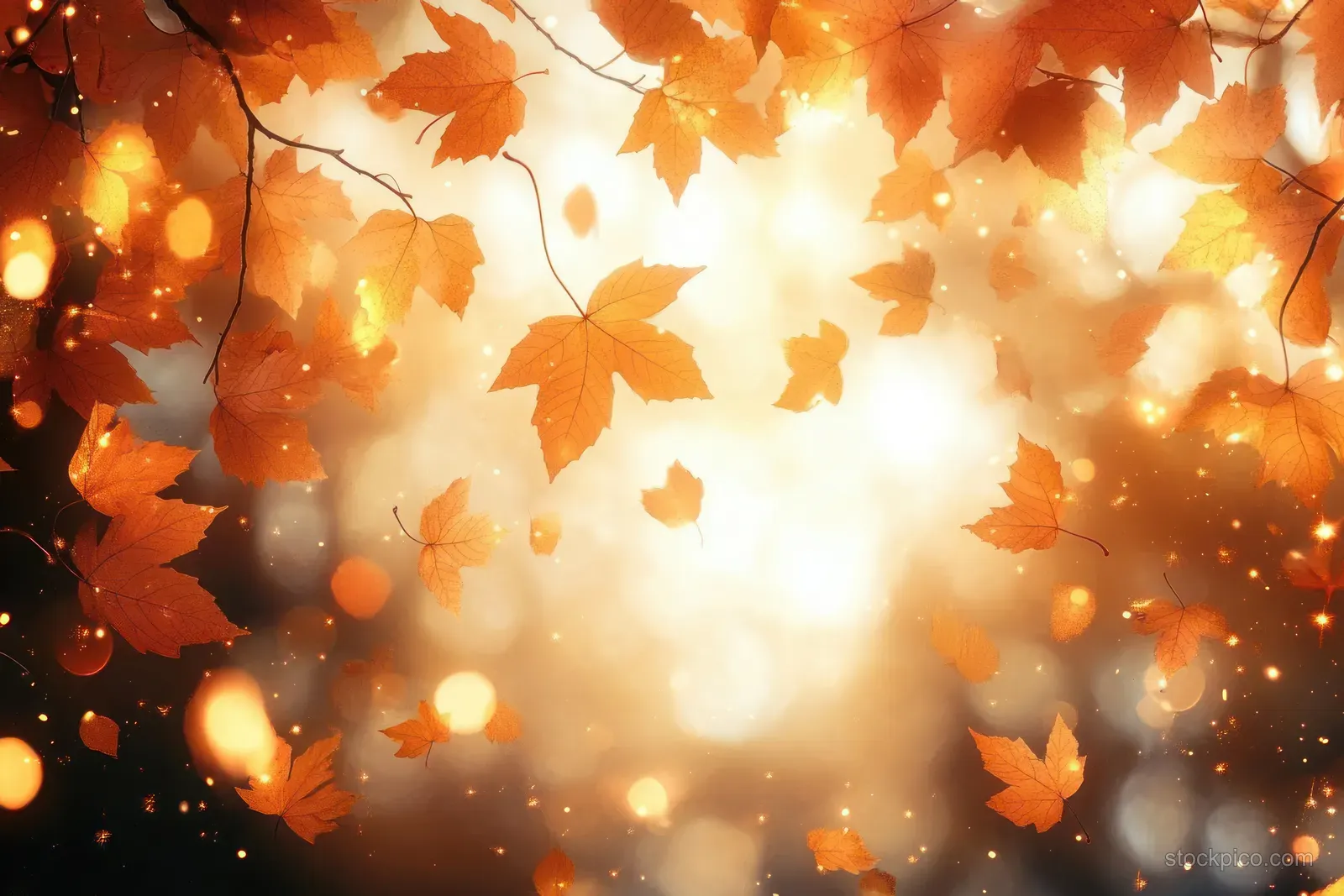Autumn leaves drift through golden sunbeams with soft bokeh lights in a warm countryside scene.