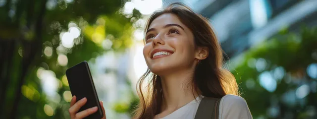 A joyful young woman smiles while holding a smartphone and looking upward in a sunny urban environment.