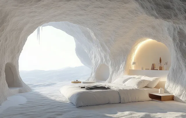 A bed sits inside a snow cave bedroom, with an arched window showing snowy landscape in soft daylight.