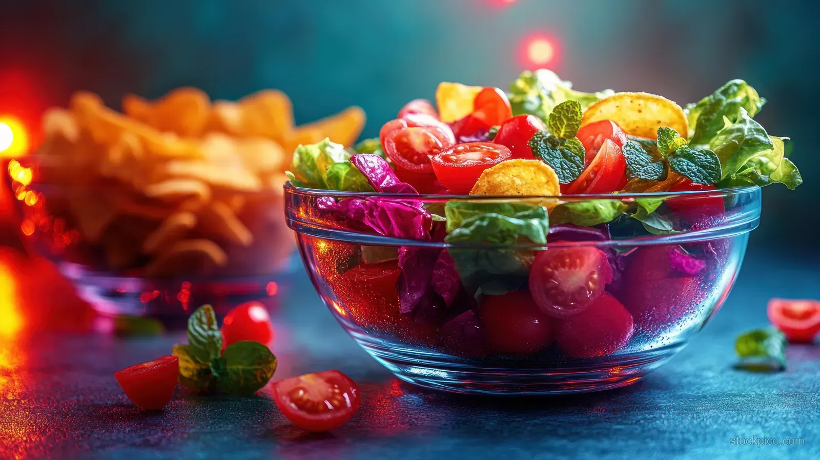 A glass bowl of colorful vegetables and scattered chips on a blue table suggest a healthy snack choice.