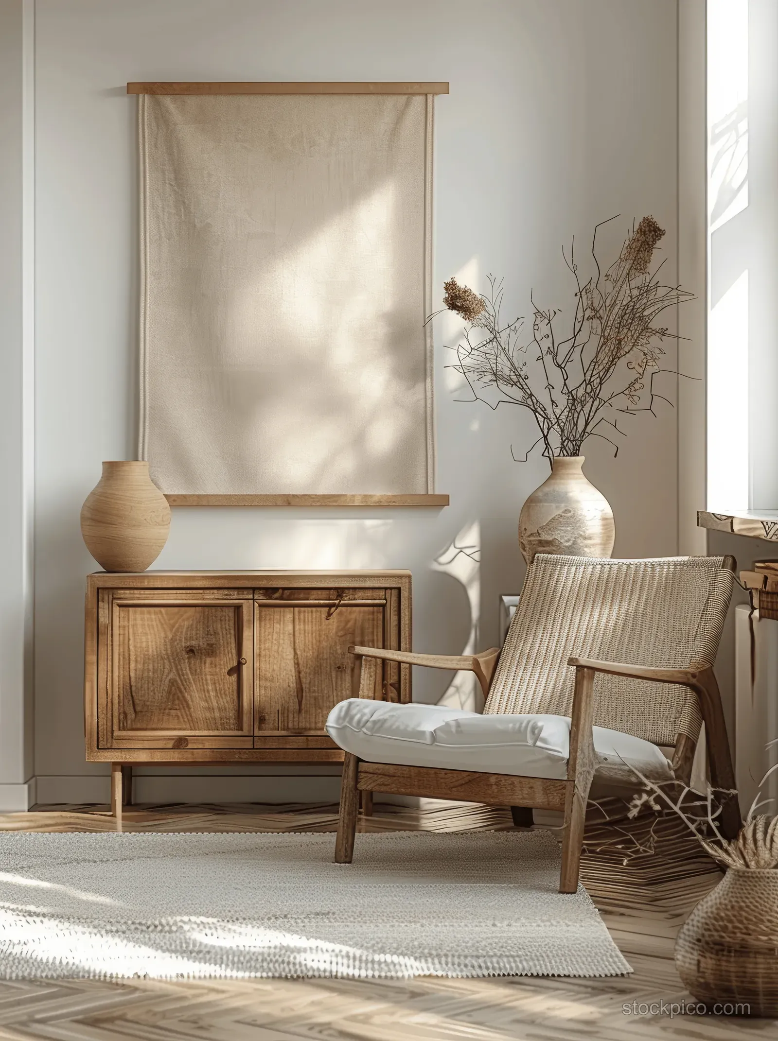 Beige wooden armchair and minimal sideboard with a tall vase and dried branches beside a bright window.