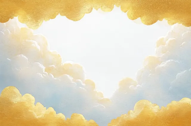 Fluffy golden and white clouds create a heart-shaped opening with radiant sunlight in a bright blue sky.