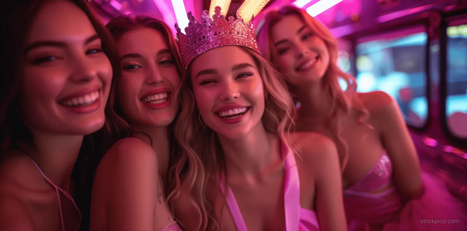 A group of friends smiles in tiaras and pink dresses inside a neon-lit party bus with colorful LED lights.