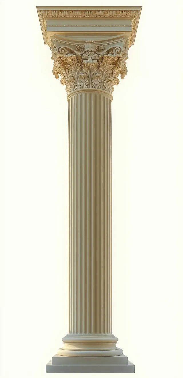 Ivory Corinthian column with carved capital beside a softly lit arched window in a neoclassical interior.