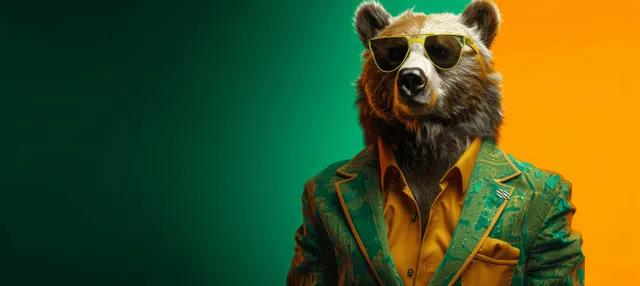 A bear in a green and yellow suit and sunglasses poses in a studio with a green and orange background.