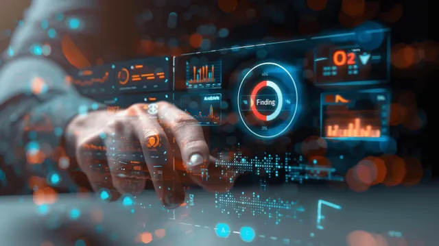 Analyst’s hands on a laptop as holographic KPI charts and graphs overlay a dark digital dashboard background.