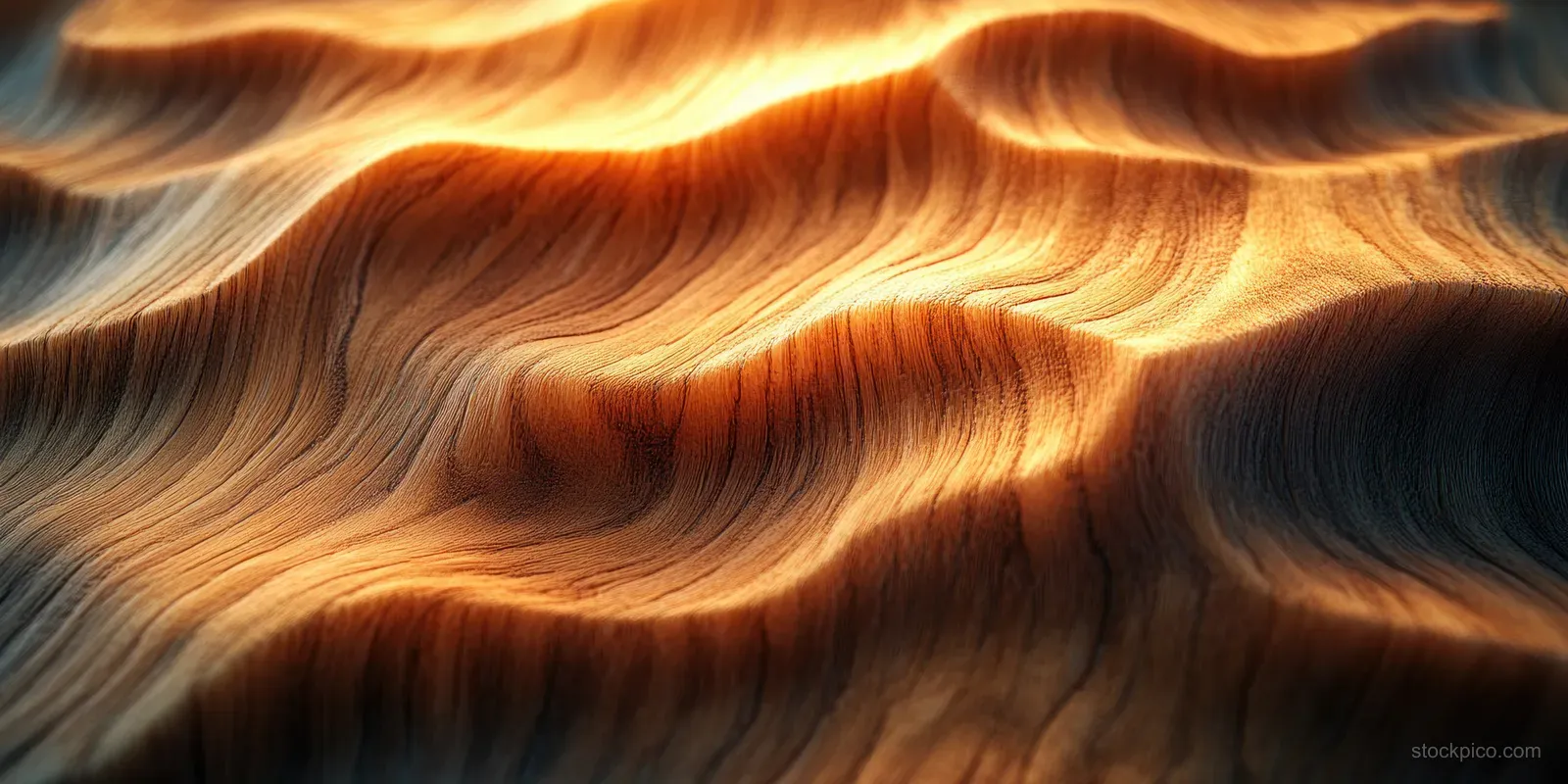 Macro view of rippled wood grain with warm glowing highlights and dark grooves.
