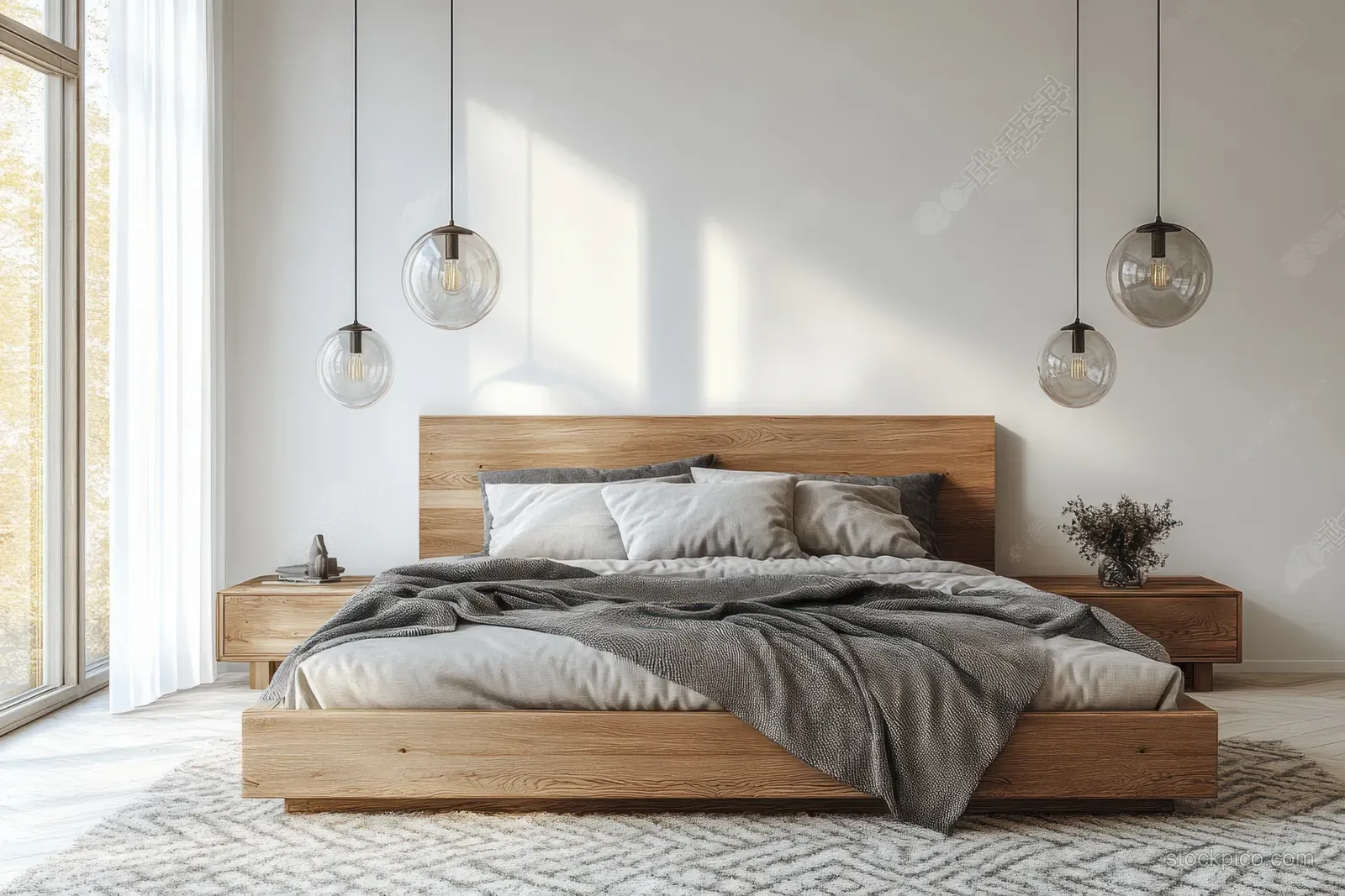 Scandinavian bedroom interior with a wooden bed, gray bedding, pendant lights, and sunlight streaming from tall windows.