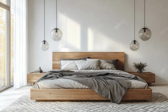Scandinavian bedroom interior with a wooden bed, gray bedding, pendant lights, and sunlight streaming from tall windows.