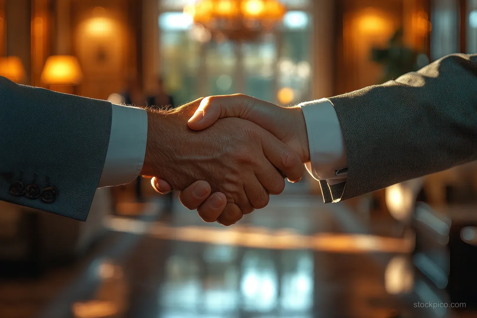 Two people complete a business handshake at a conference table with warm blurred office lights behind them.