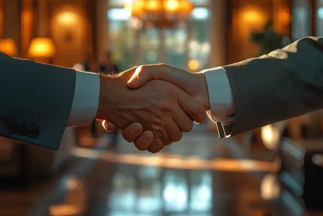 Two people complete a business handshake at a conference table with warm blurred office lights behind them.