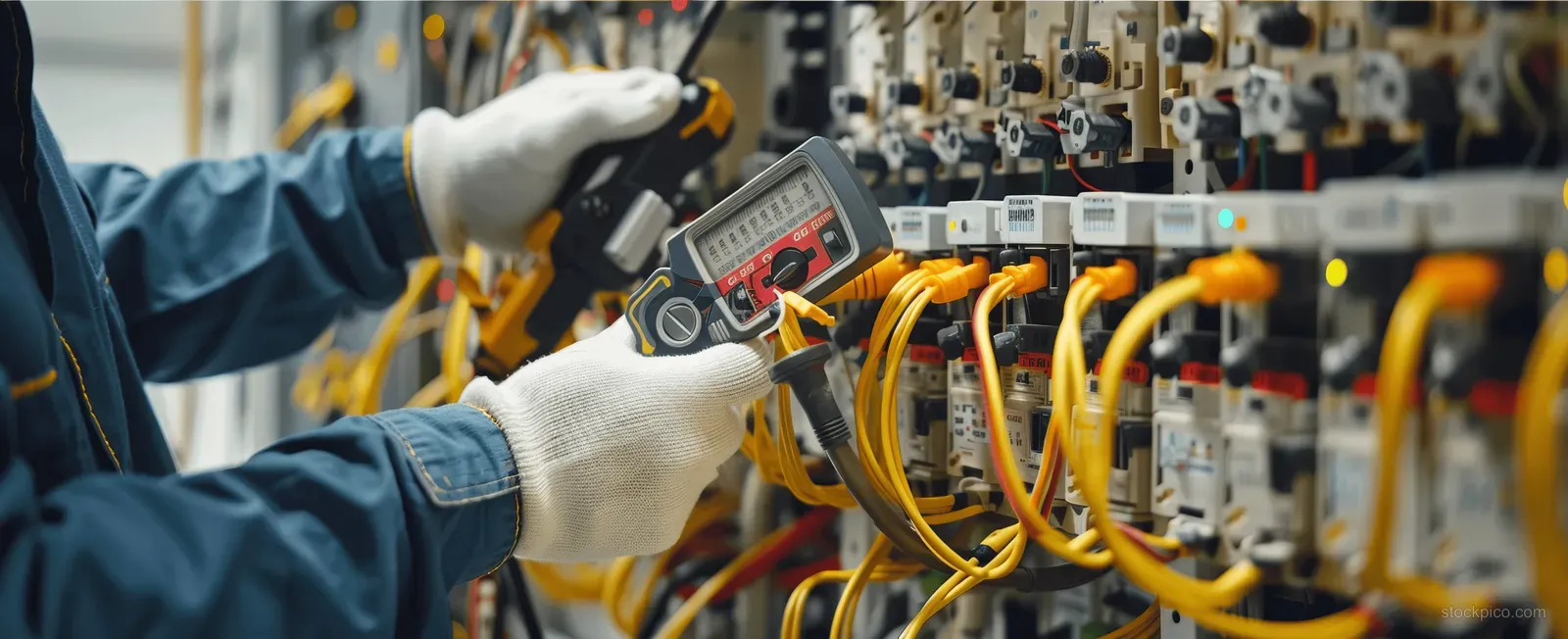 A technician holds a multimeter probe to protective relays on a control panel with bundled yellow wiring.