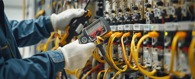 A technician holds a multimeter probe to protective relays on a control panel with bundled yellow wiring.