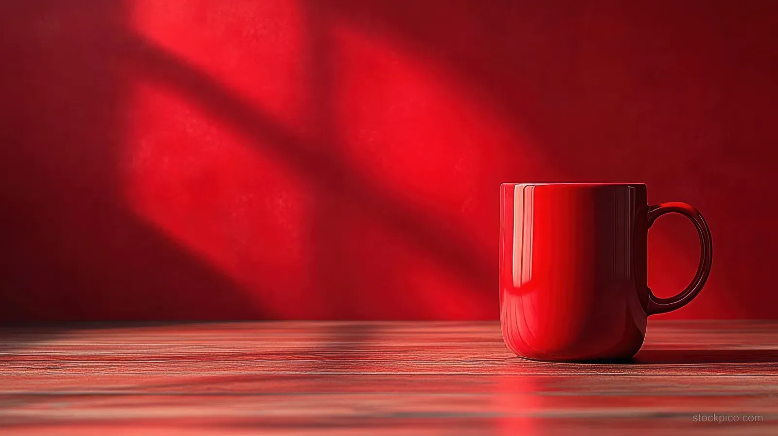 A single red ceramic mug on a wooden tabletop with soft light shadows on a textured red wall.