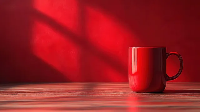 Single red ceramic mug on wooden table under soft natural light, red wall shadows