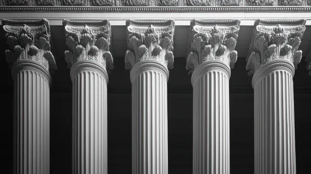 Row of black and white fluted columns with ornate Corinthian capitals in symmetrical front view.