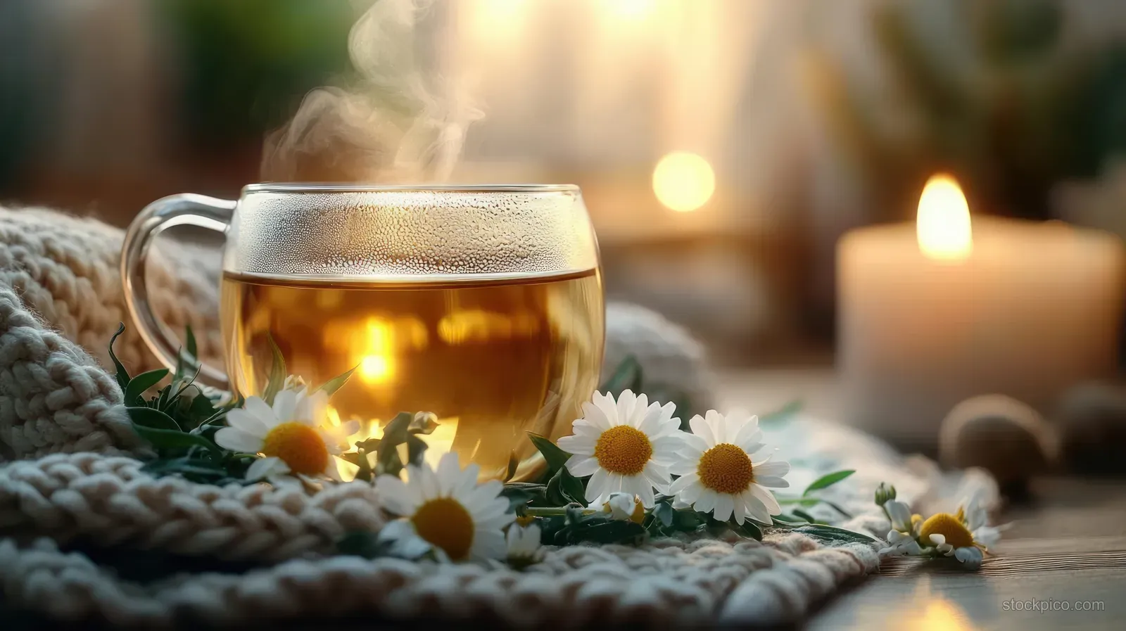 A steaming herbal tea glass on a knitted blanket with daisies in front and a warm candle glow behind.