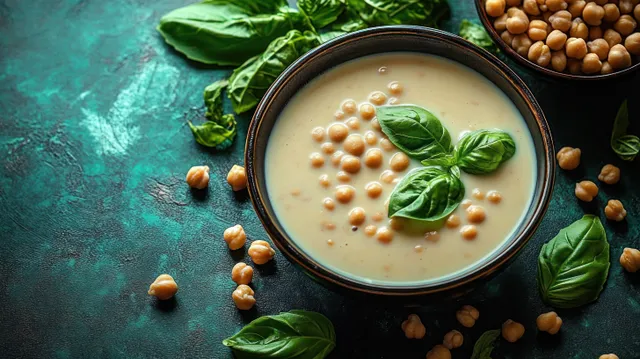 Creamy chickpea soup with basil leaves served in a black bowl on a teal textured surface with scattered chickpeas.