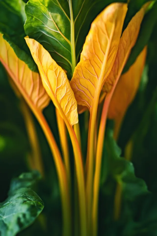 Golden chard stems with vibrant green leaves in soft sunlight close-up