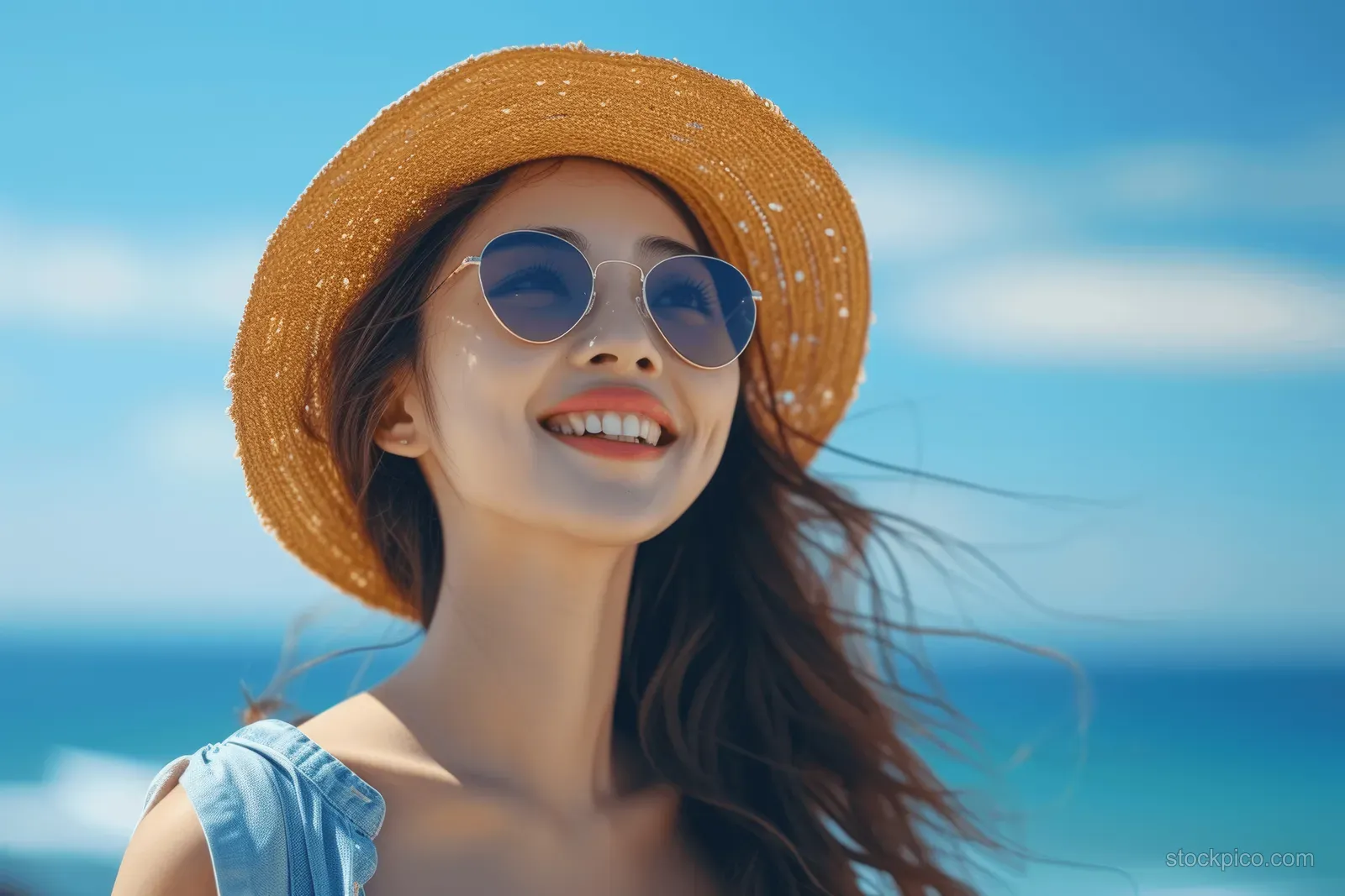 Smiling woman wearing a straw hat and sunglasses with the ocean and blue sky behind her.