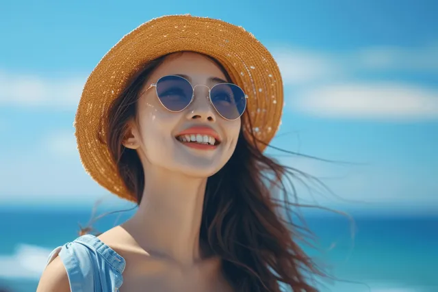 Joyful Asian woman wearing straw hat and sunglasses by blue ocean and sky