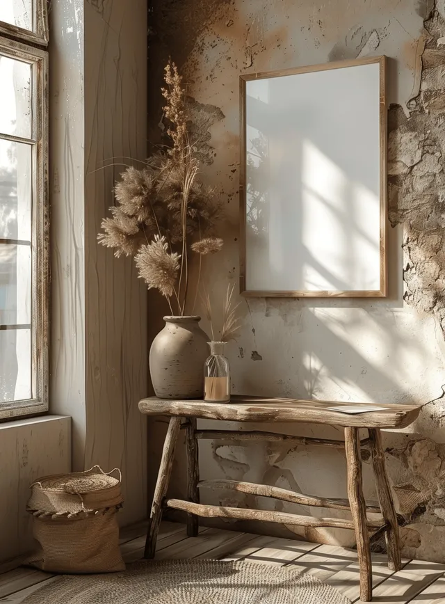 Boho interior mockup with a rustic sideboard, rattan elements, and a blank canvas frame against a textured wall.