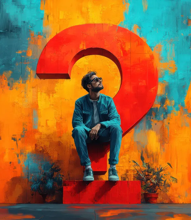Businessman sitting on a red question mark symbol in colorful splash office backdrop