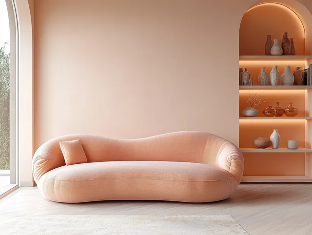 Light peach rounded sofa in a bright minimalist living room with arched shelves holding ceramic decor.