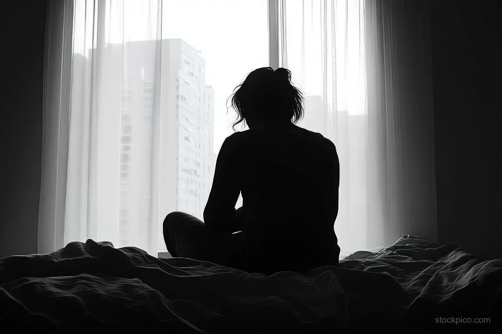 Silhouette of a person sitting on a bed facing a sheer-curtained window over tall buildings in dim light.