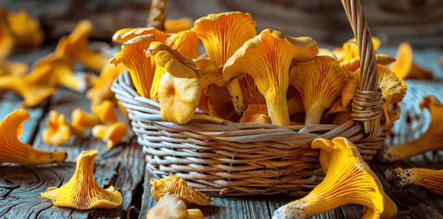 Yellow chanterelle mushrooms spill from a wicker basket onto a rustic wooden table in close-up.