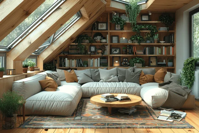 Cozy attic living room with a white sectional sofa under skylights, wooden walls, bookshelves, and potted plants.