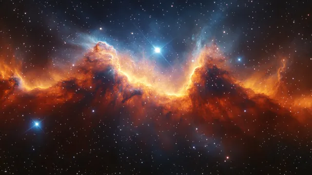 A dark space nebula shows glowing blue stars surrounded by fiery red and orange cosmic clouds.