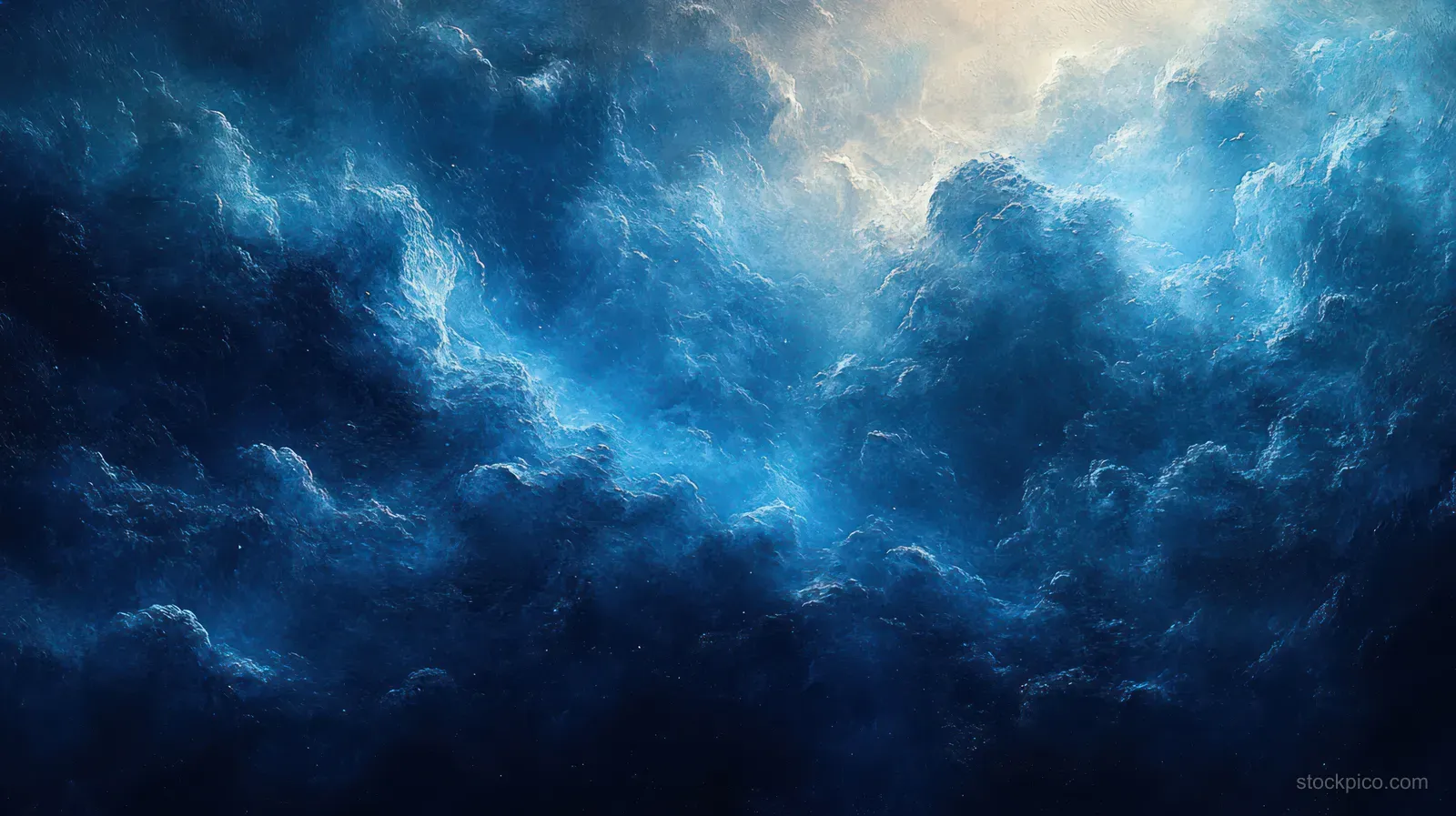 Abstract blue clouds with textured brush strokes and a glowing light in the background.