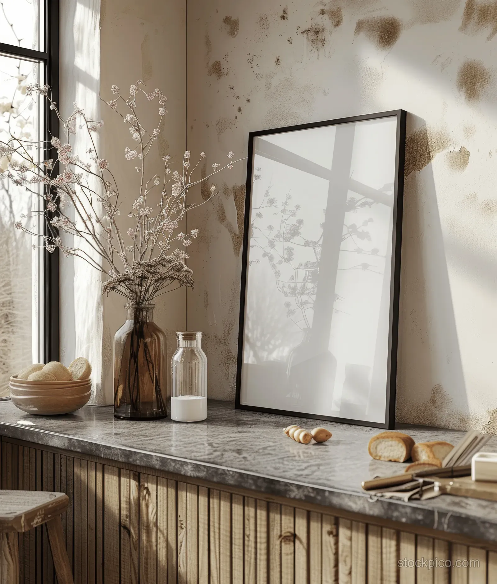 Empty black picture frame leaning on a rustic kitchen countertop with jars and warm window light.