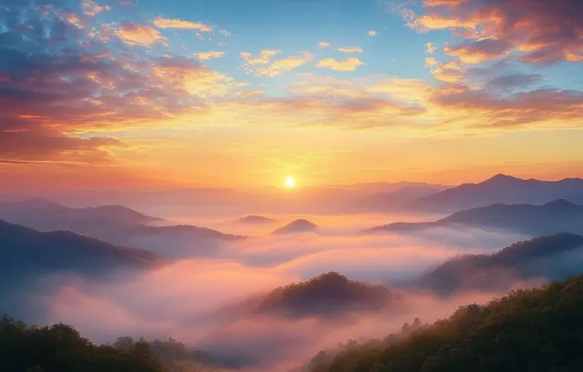 Sunrise over misty rolling mountains with layered clouds and warm golden sunlight
