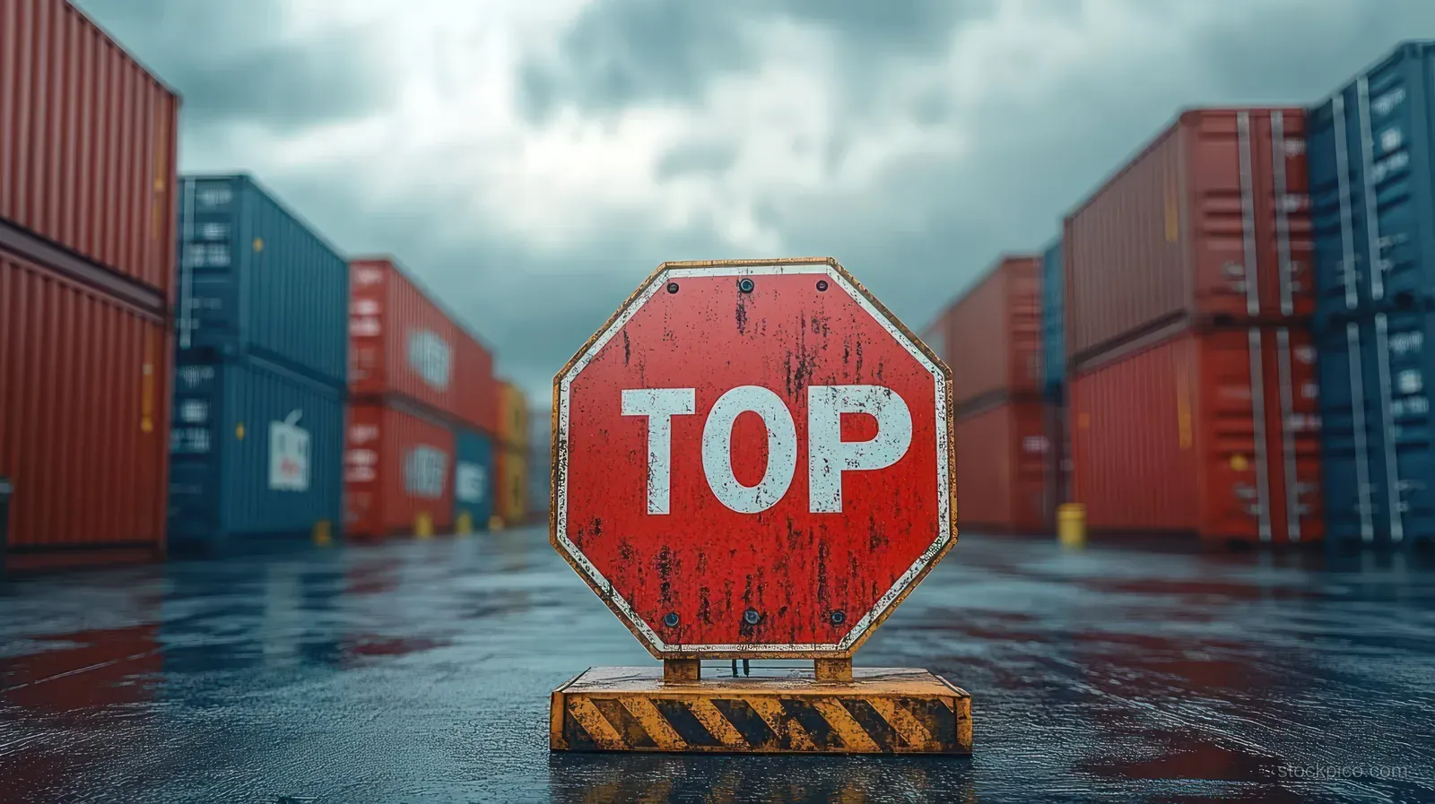 A weathered red octagonal “TOP” sign stands on wet ground between stacked shipping containers under cloudy skies.