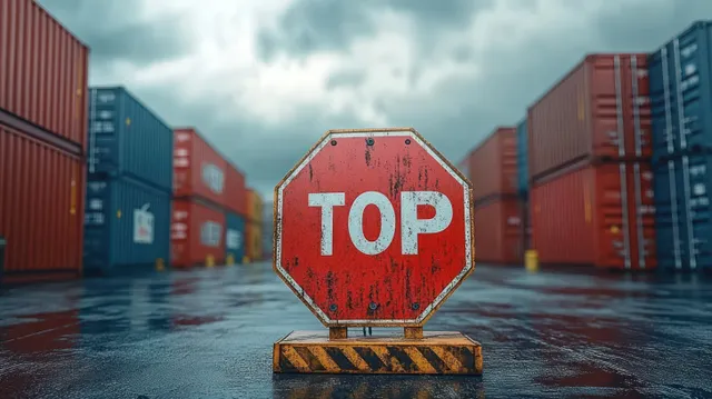 Weathered red octagonal “TOP” sign on wet industrial ground between stacked shipping containers
