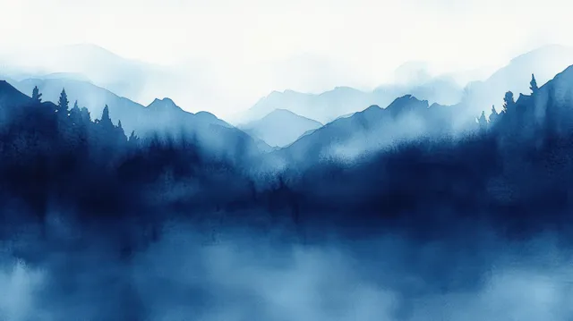 Misty deep navy watercolor mountains fade into soft cerulean haze and diffused light