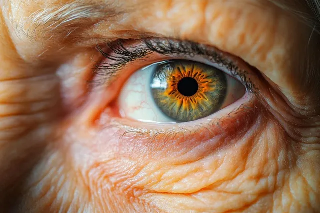 Close-up elderly eye with green-orange iris and textured wrinkles across eyelids