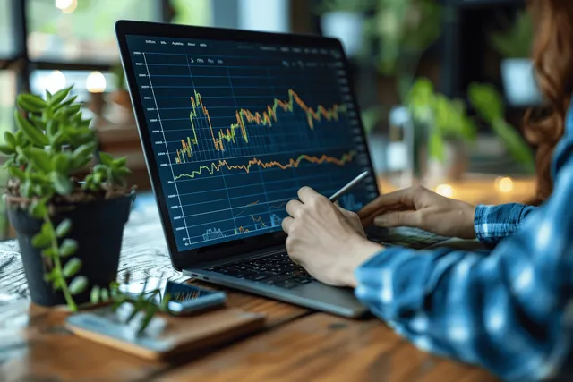 Businesswoman’s hands point at a laptop dashboard with financial charts on a desk in a home office.