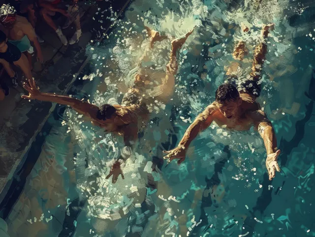 Two synchronized divers twist mid-air above the pool as water droplets sparkle in sunlight.