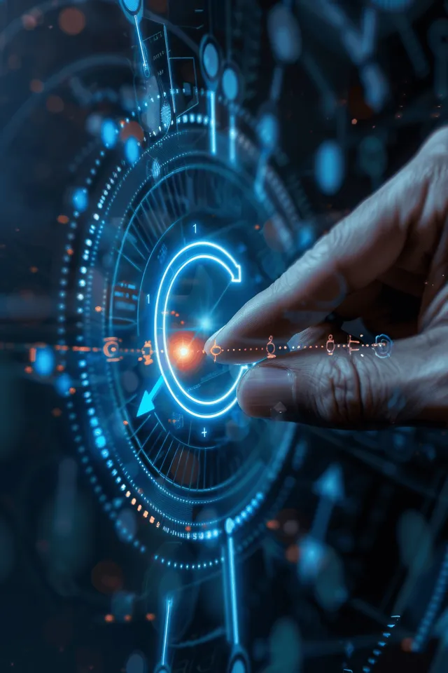 A hand taps a glowing virtual target arrow surrounded by blue digital chart interfaces.