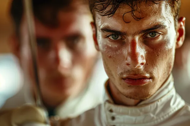 Determined Male Fencer Stares Ahead Before Sabre Match