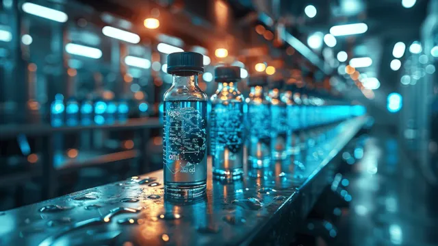 Glass vials with liquid and black caps line a lab shelf under bright blue bokeh lights.